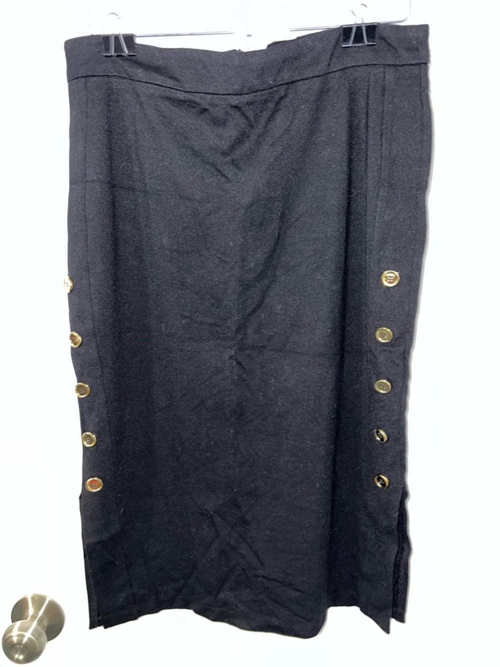 Classic Black Midi Skirt with Gold Button Detail